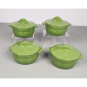 Calphalon Enamel Cat Iron Lidded Minipots Green Set of 4 Individual Personal